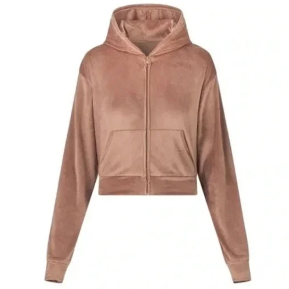 SKIMS Velour Hoodie Size XL Cropped Soft Brown Cozy Fall Workout Casual Athletic